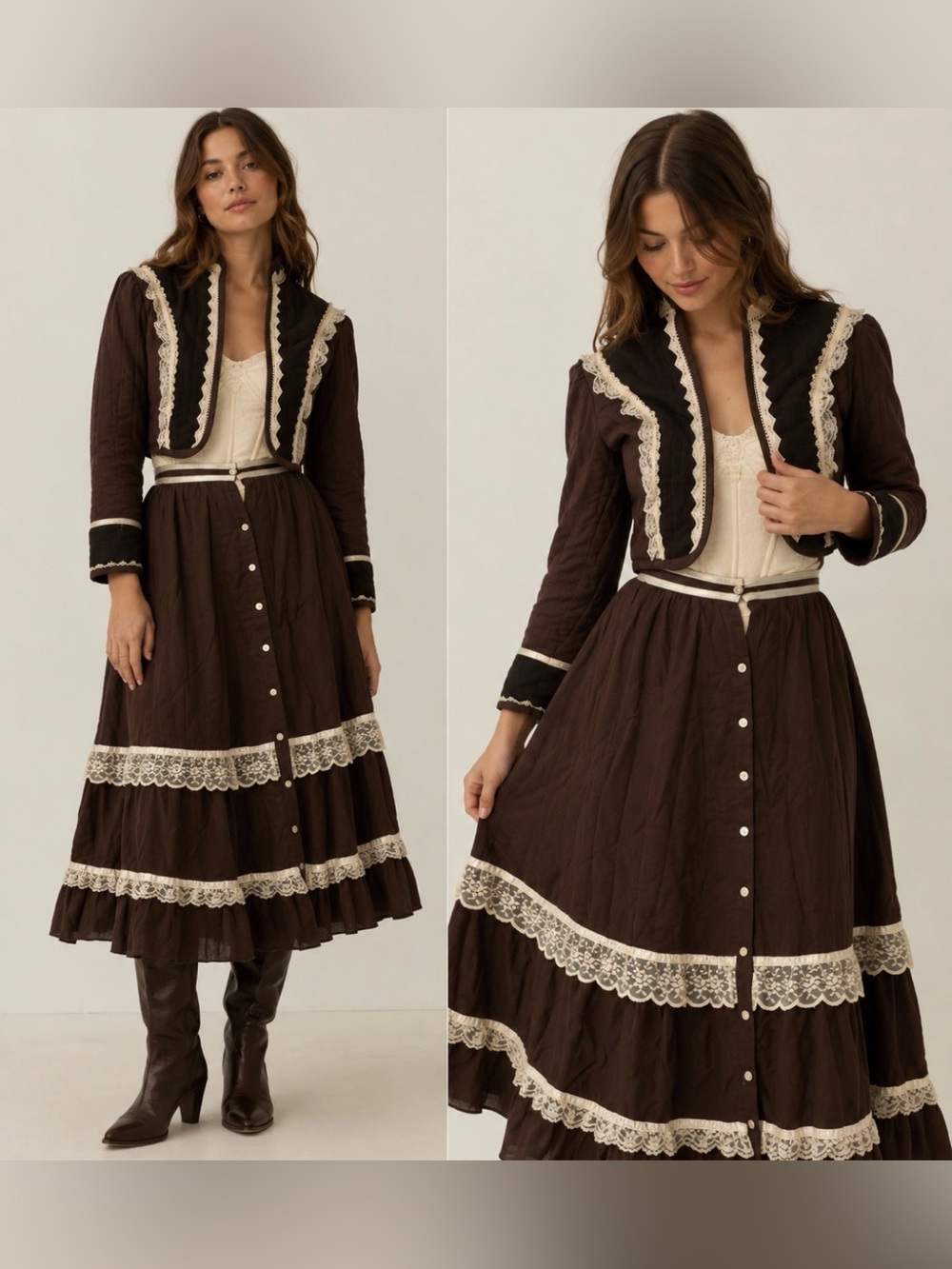 Gunne Sax brown and cream lace jacket and skirt set size 7
